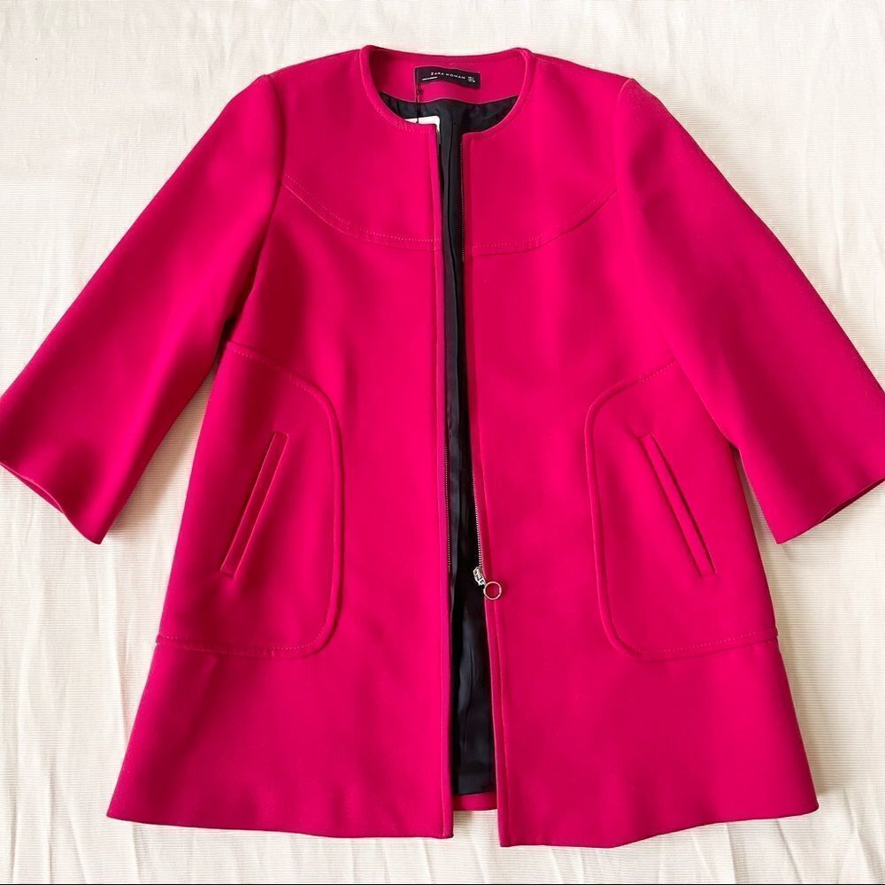 Zara Womens Jacket Long Blazer Coat Business Casual Fashion Zip Pocket Large L